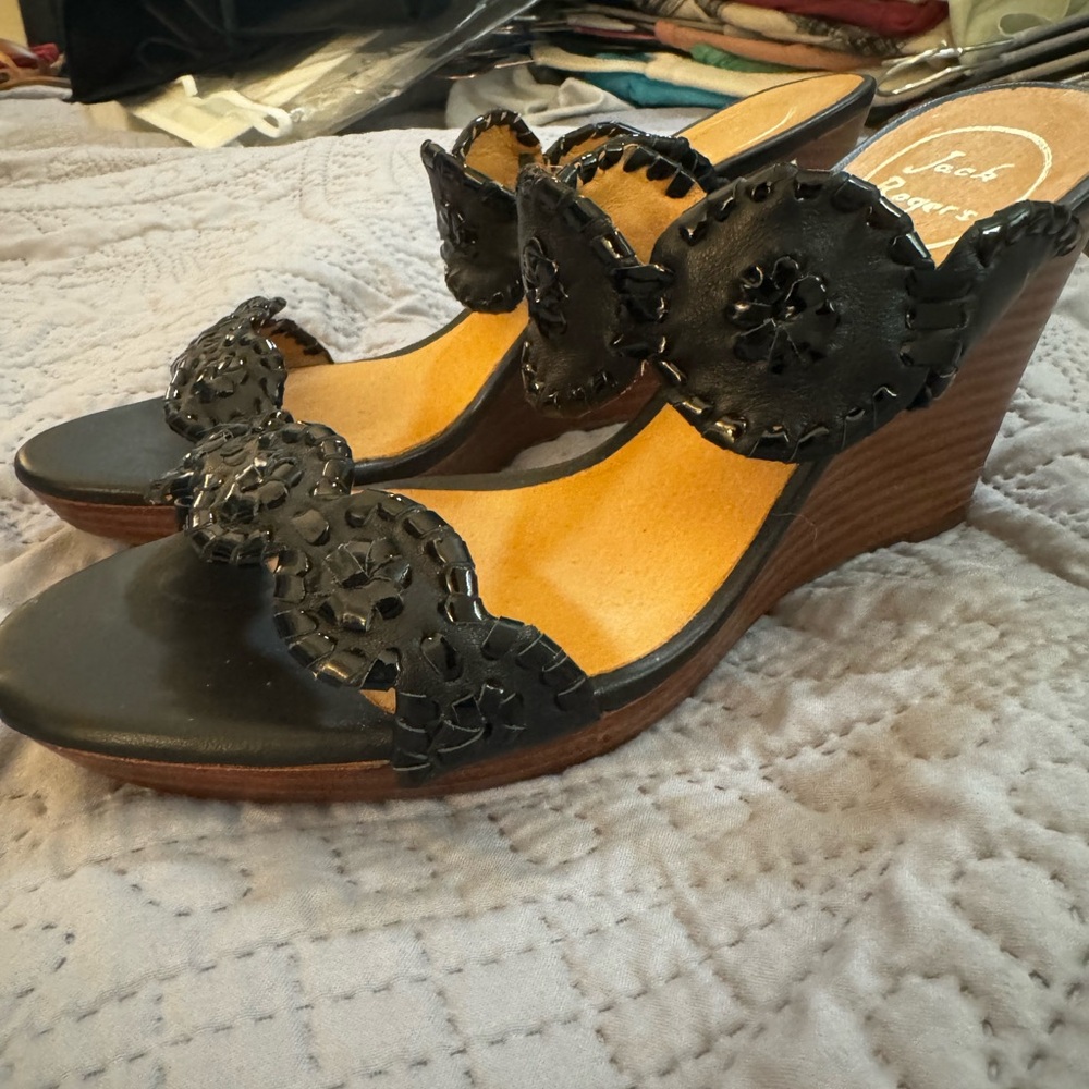 Jack Rogers Black Leather Wedges